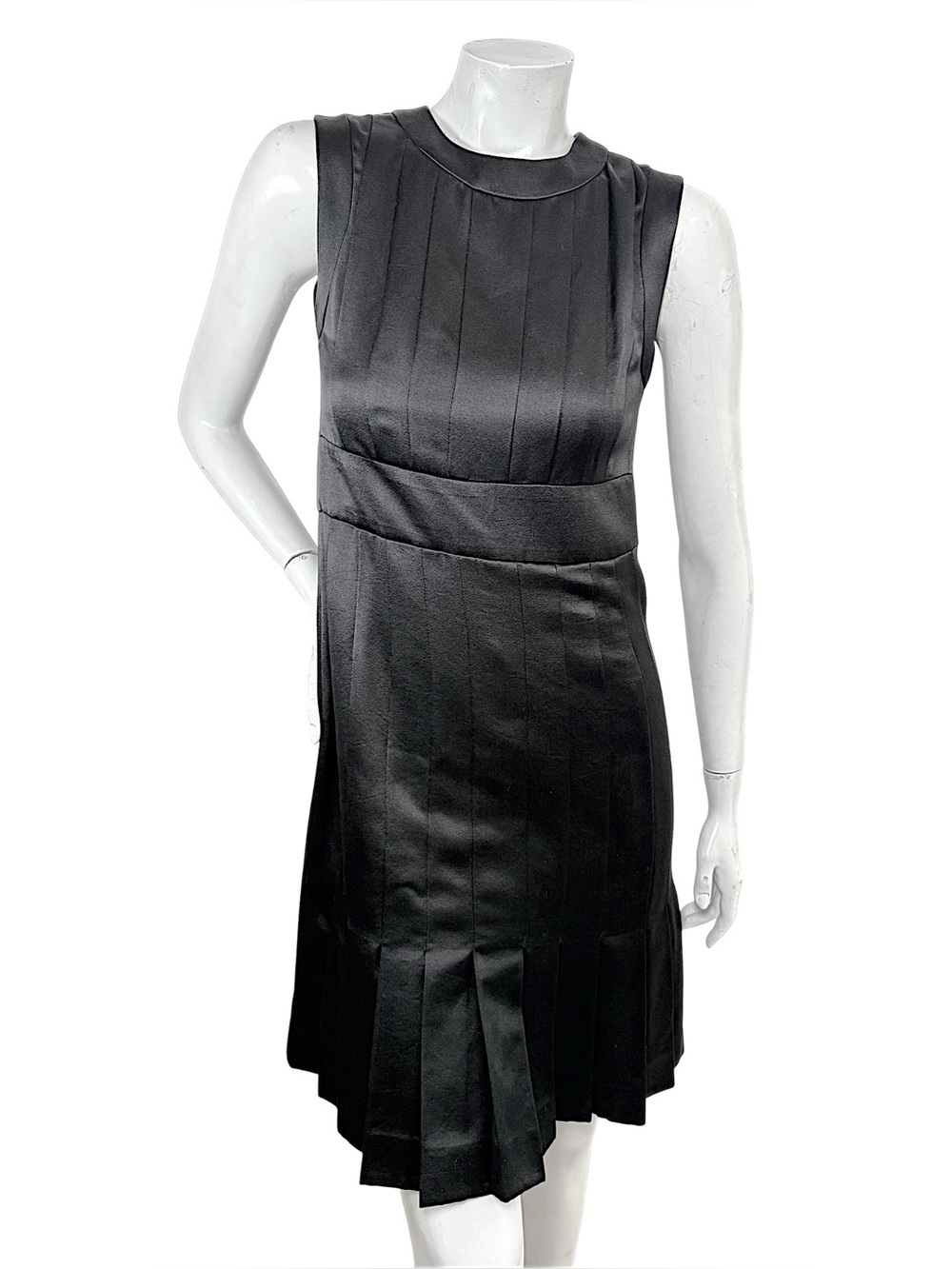 Chanel Black Satin Pleated Logo Button Dress US 2/4 FR 36
